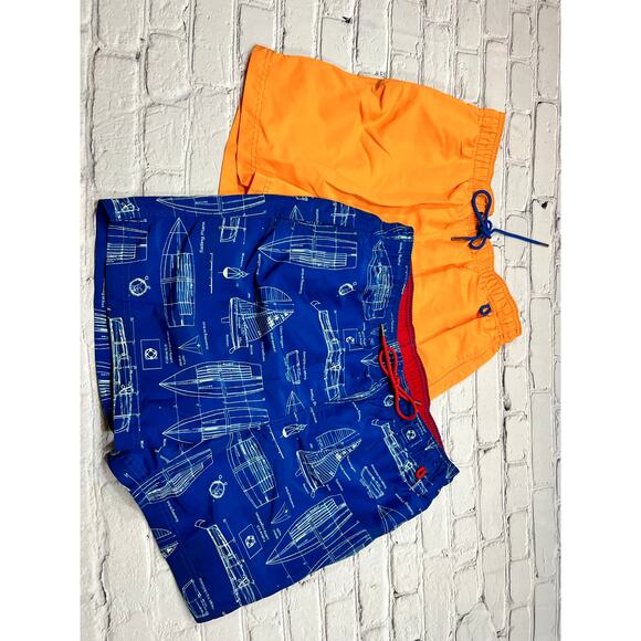 🔥SALE TWO PAIRS Lands End Mens 6” Swim Trunks Blue Orange size M Sailboat A373 - Picture 1 of 10